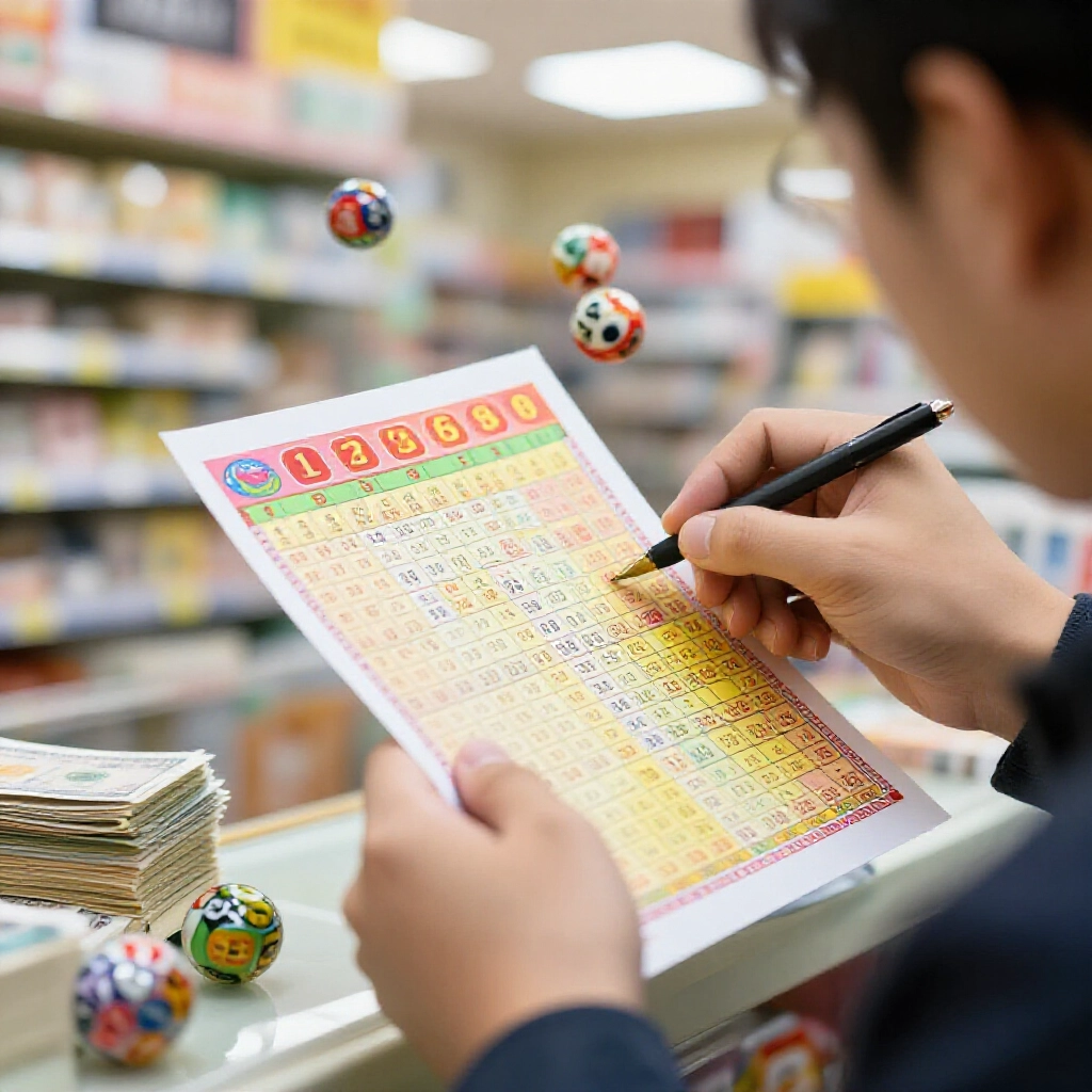 lottery enthusiast marking six numbers on a colorful taiwanese 539 betting slip under bright store lights with floating number balls and a money stack nearby