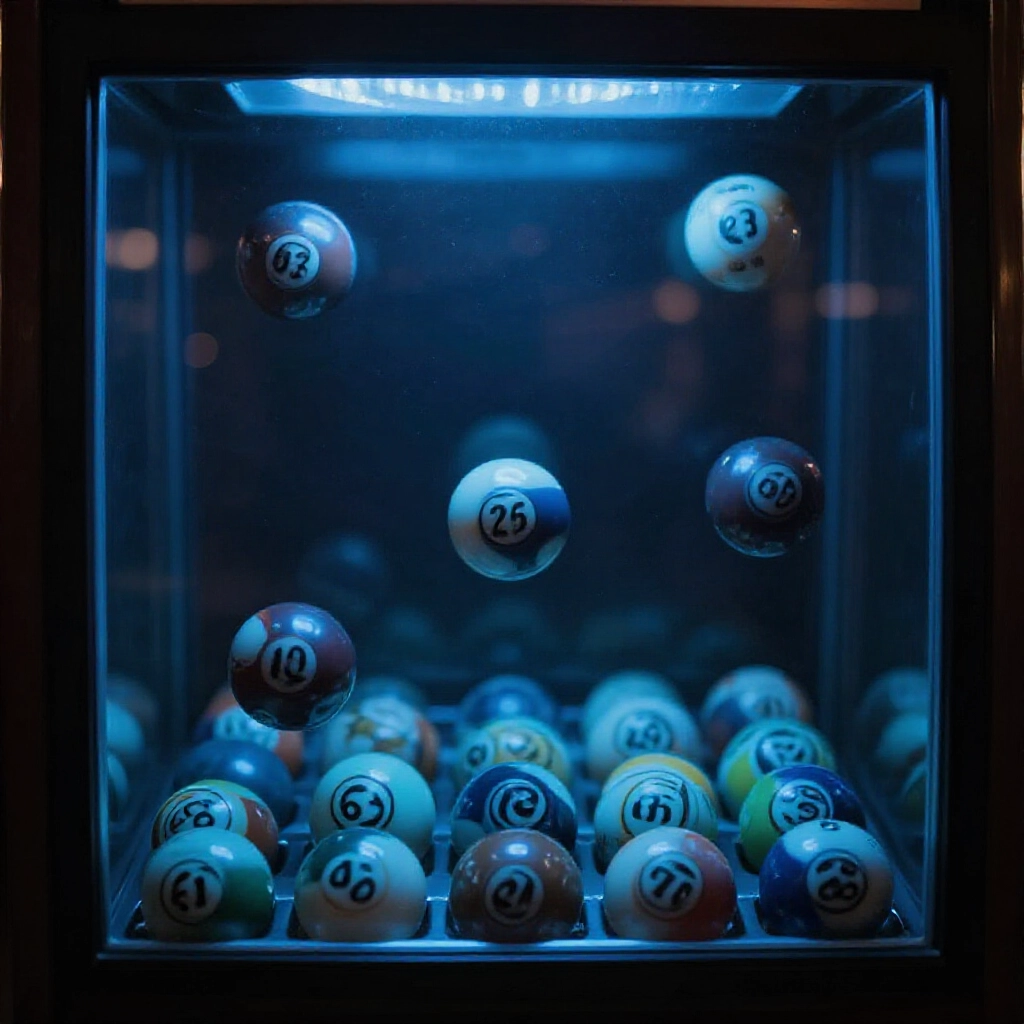 Visualize a lottery drawing machine with numbered balls inside glowing dimly under soft blue light emphasizing cold forgotten numbers floating apart from active ones in a mysterious casino atmosphere