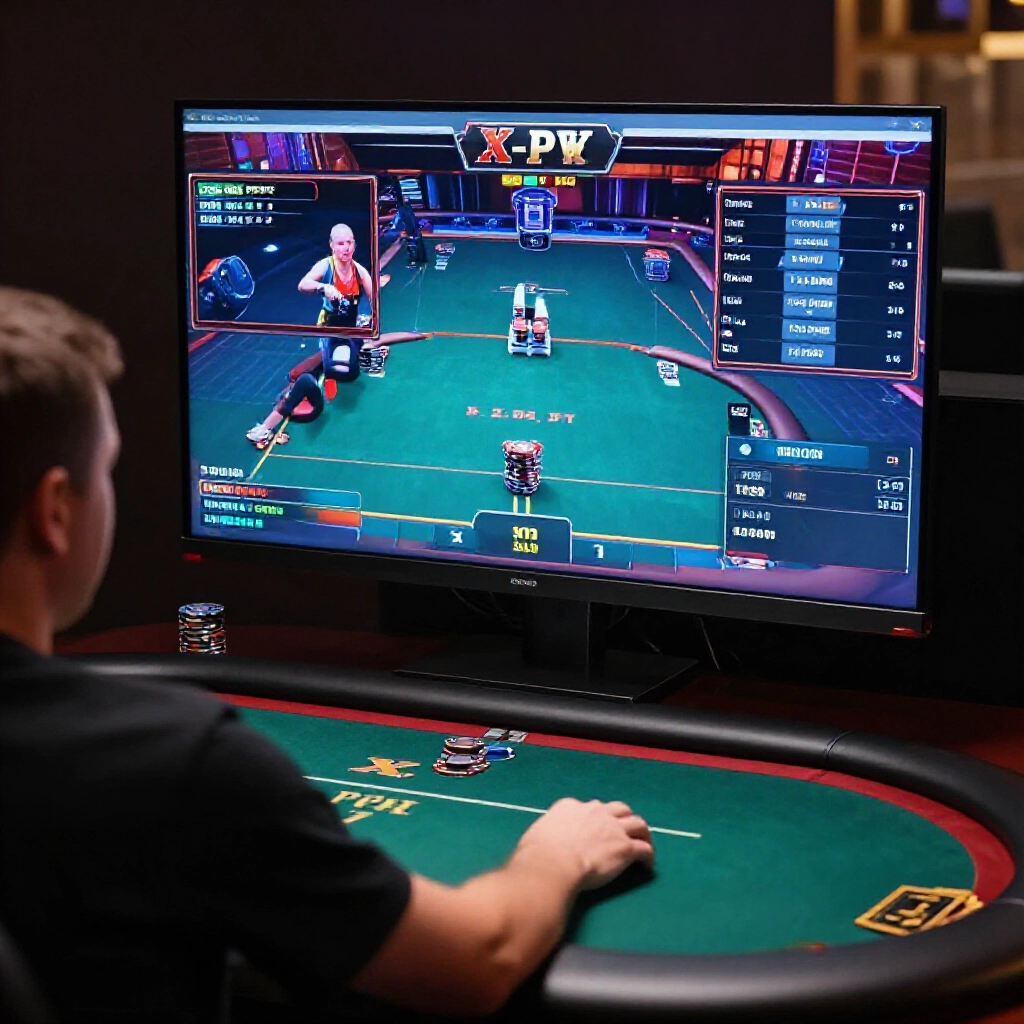 職業撲克玩家坐在桌前，大螢幕上跑X-Poker模擬器，多桌德州撲克順暢運行，滑鼠精準控制，暗室專注氛圍