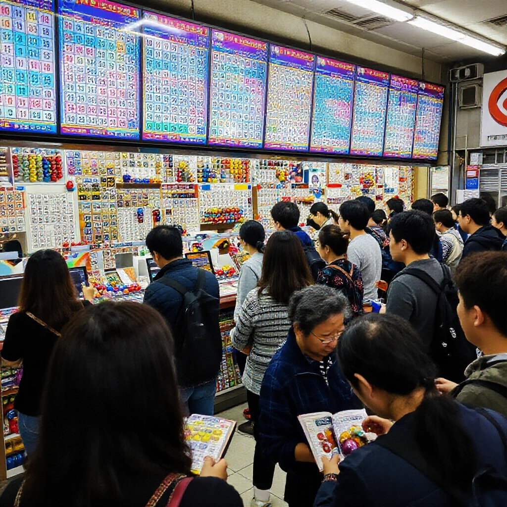 A bustling Taiwan lottery store filled with excited players choosing numbers from 01 to 80 on glowing screens as colorful bingo balls roll out every five minutes in a lively morning atmosphere