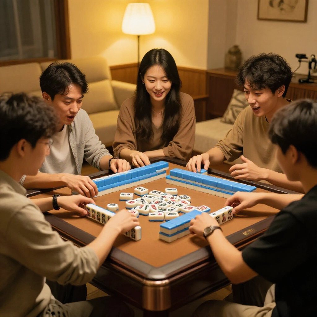玩家在客廳麻將桌邊興奮地整理牌,快速移除萬子牌,溫暖燈光下專注表情