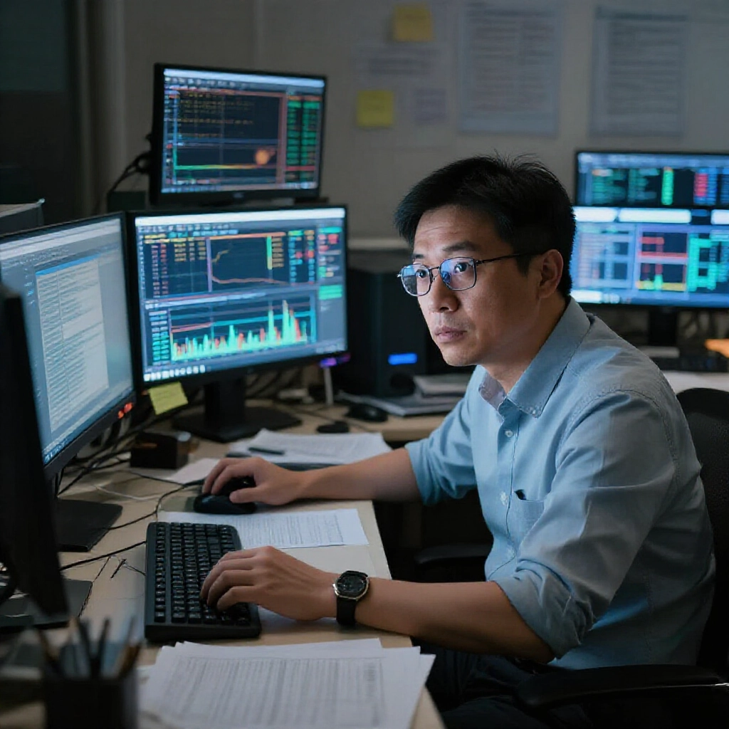 台灣企業家深夜在雜亂辦公室,多螢幕閃爍加密貨幣圖表,周圍債務單據與貸款文件,眼神透出瘋狂決心