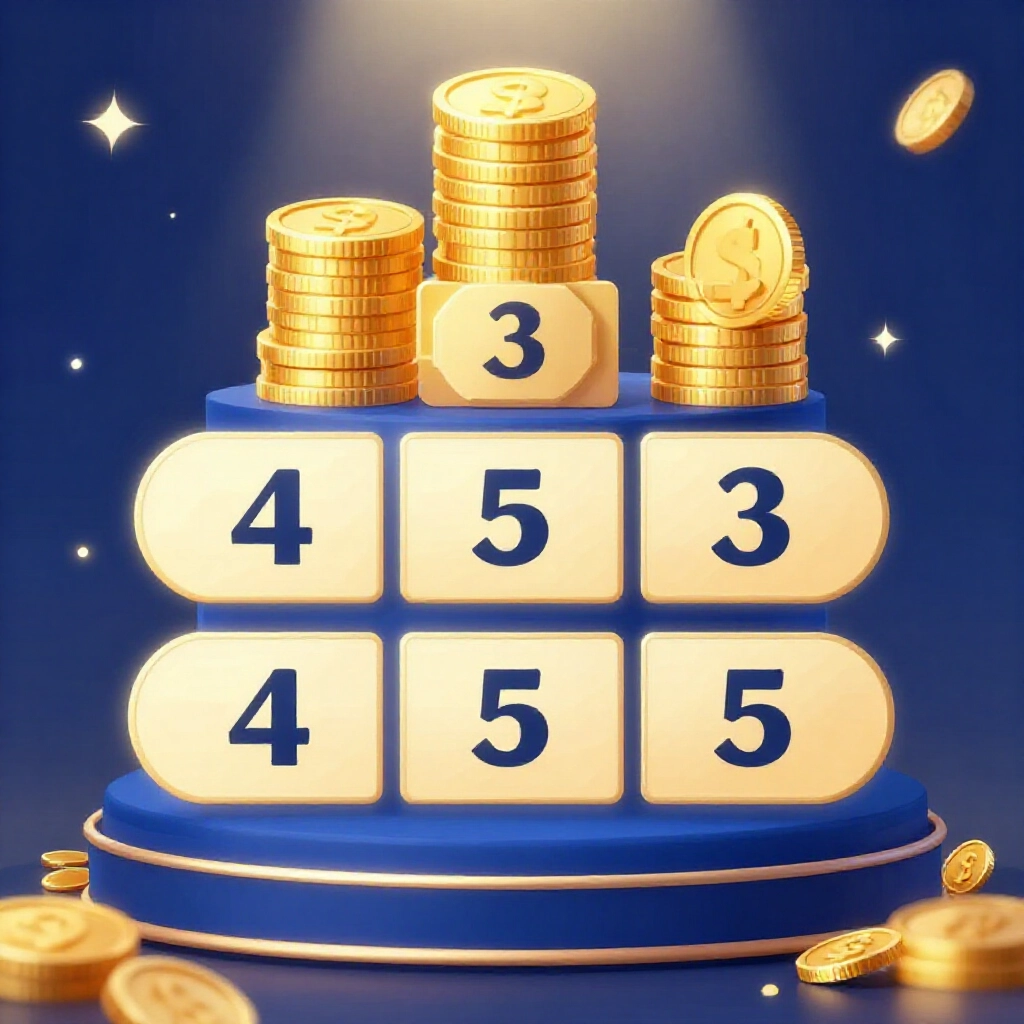 優雅獎金圖表,金幣堆疊顯示頭獎各級獎項,匹配 2 到 5 碼,藍金色調閃耀慶祝光芒,激勵人心自信氛圍