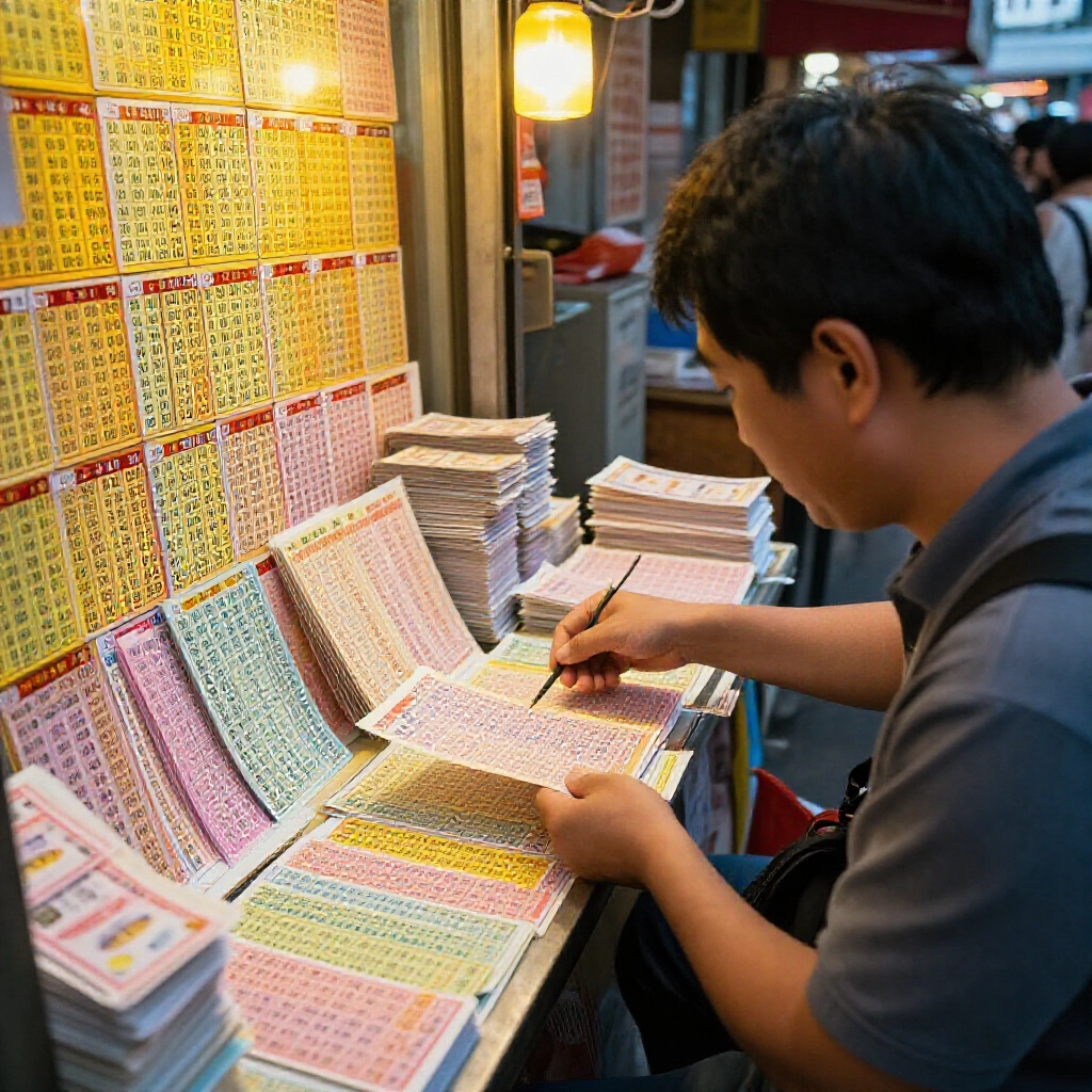 Taiwanese lottery player at vibrant booth selecting four digit numbers from 0000 to 9999 on colorful tickets under warm evening lights excited atmosphere with stacks of 25 NT dollars bets