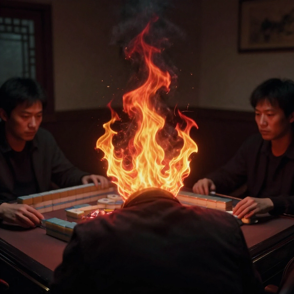 昏暗傳統麻將室,專注玩家肩膀有三團神秘火焰,手即將拍下散開紅金火光,緊張氛圍