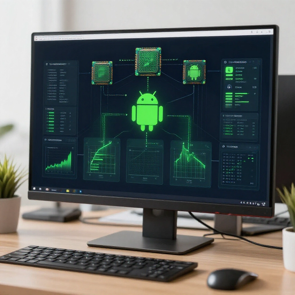 電腦螢幕技術圖示，CPU虛擬化VT開啟，多安卓實例跑X-Poker，資源圖表綠色高效，現代辦公環境