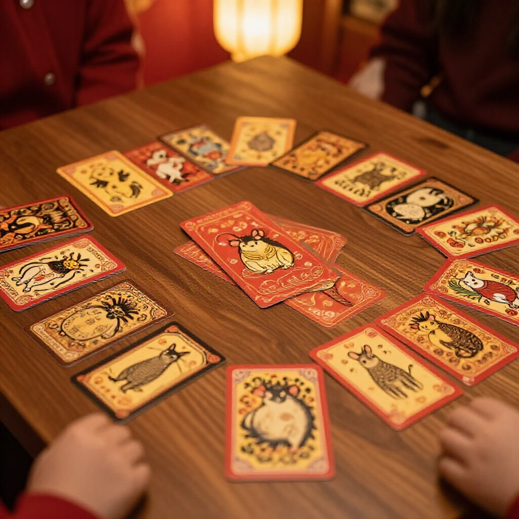 傳統台灣老鼠牌遊戲牌局,紅黑黃十二生肖長牌散在木桌上,節慶家庭聚會溫暖燈光