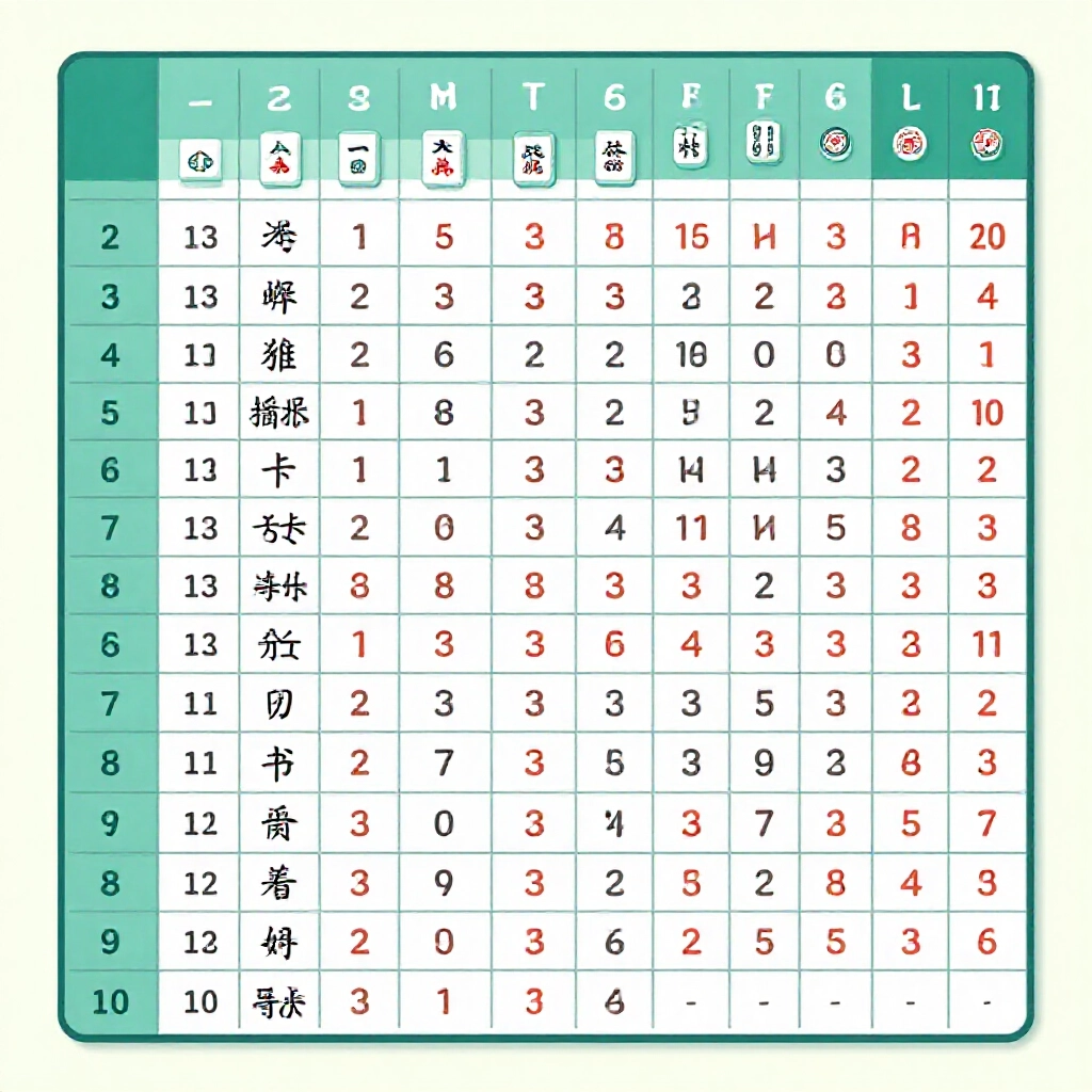 detailed illustration of a comprehensive mahjong scoring table listing tai values from one to sixteen with various hand types like banker self draw and concealed hand in clean modern graphic style