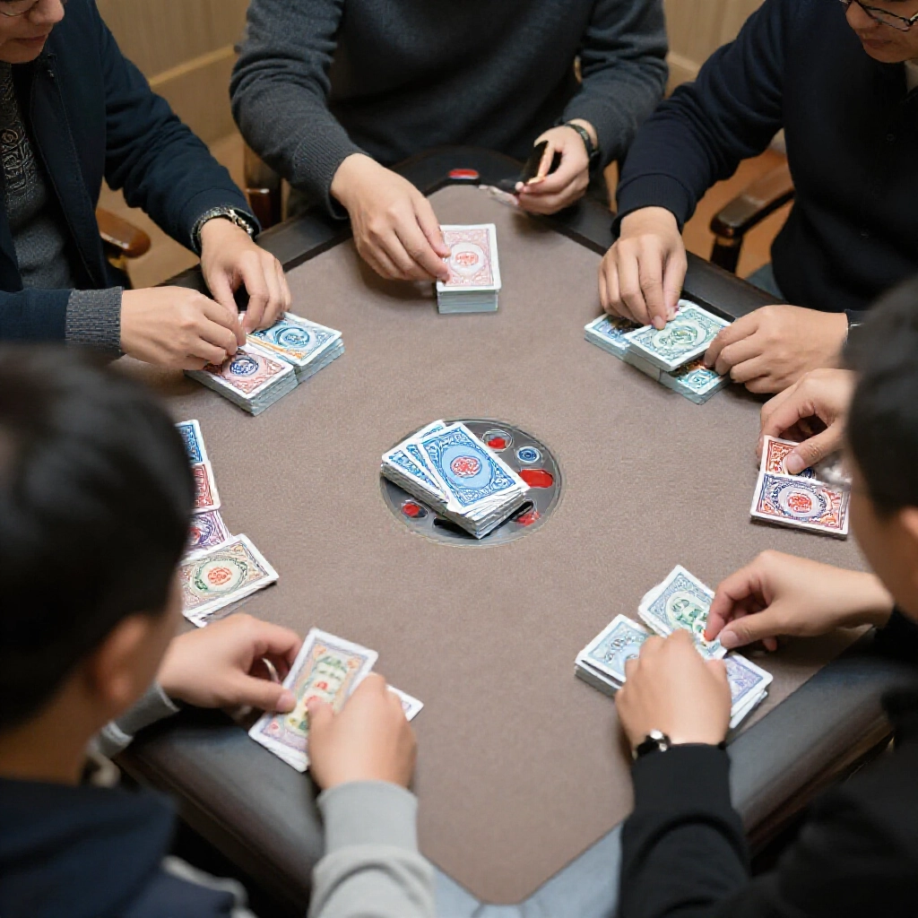 莊家發牌給閒家17張，其他人16張，整齊疊在小桌子上，大家圍圈盯著看