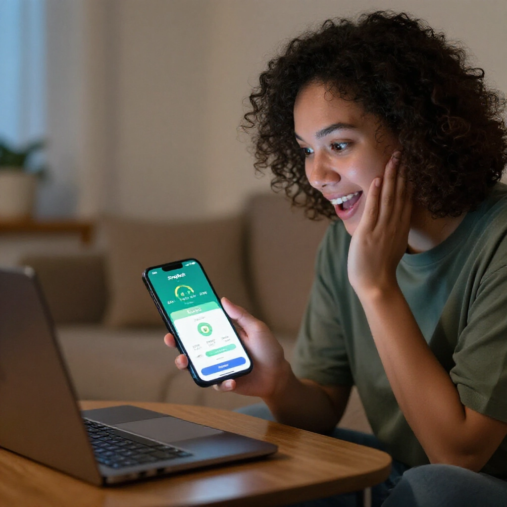 excited user checking ShopBack app on phone showing game level progress and cash rewards in casual home setting with laptop nearby under soft evening light
