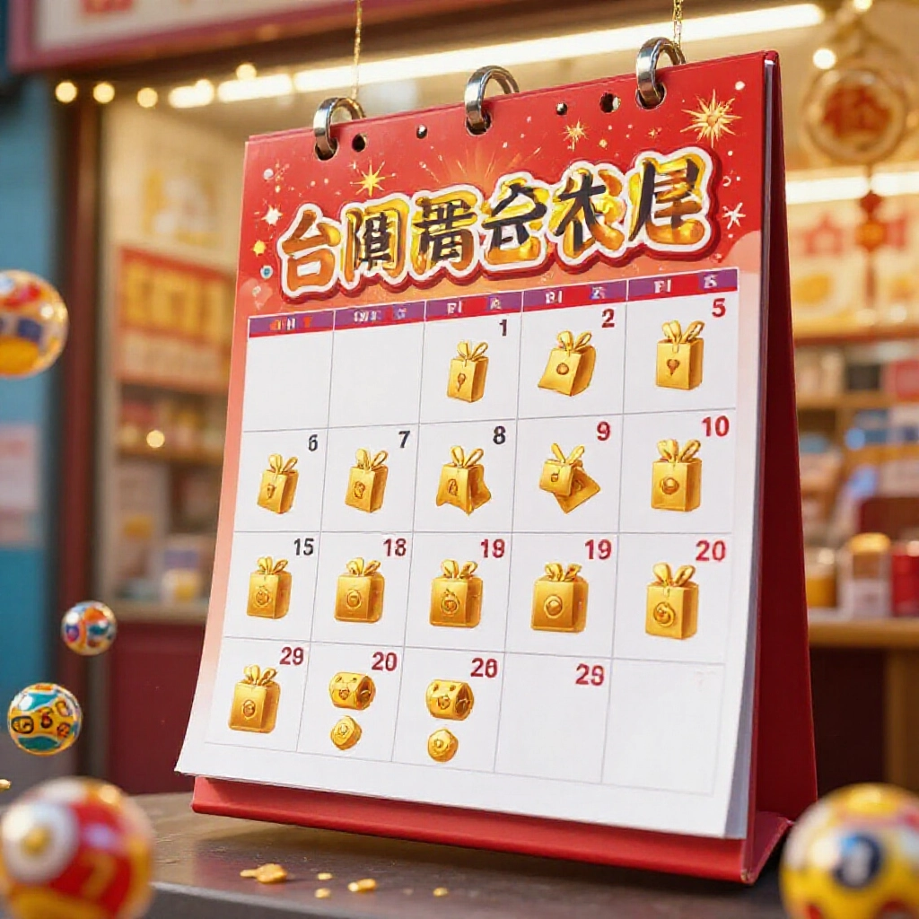 節慶燈光照耀的台灣彩券店,行事曆標註加碼期間,金色獎金圖示與彈跳彩球