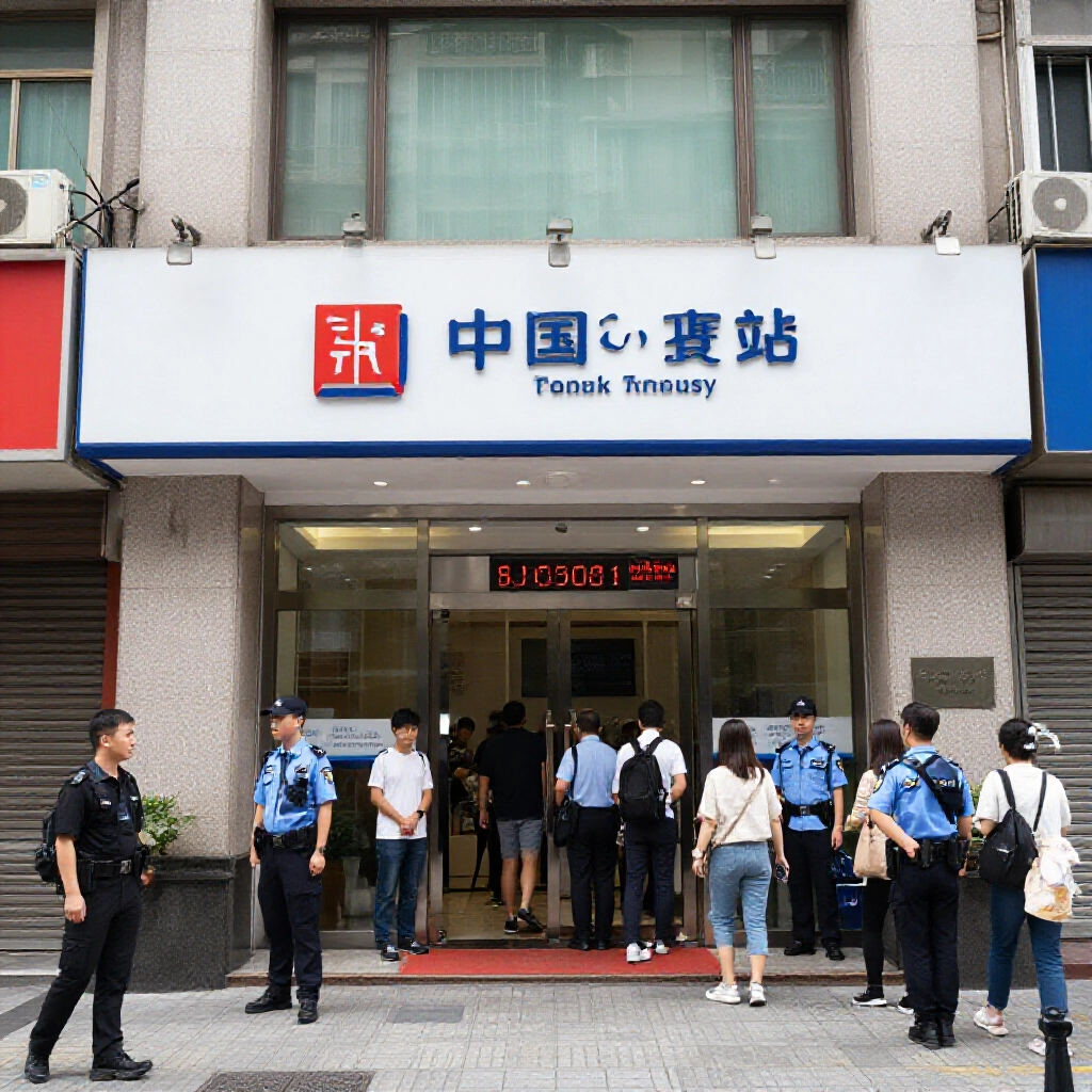 台北中國信託銀行分行門面,白天街頭熱鬧,專業安保人員引導高額得獎人進專屬入口