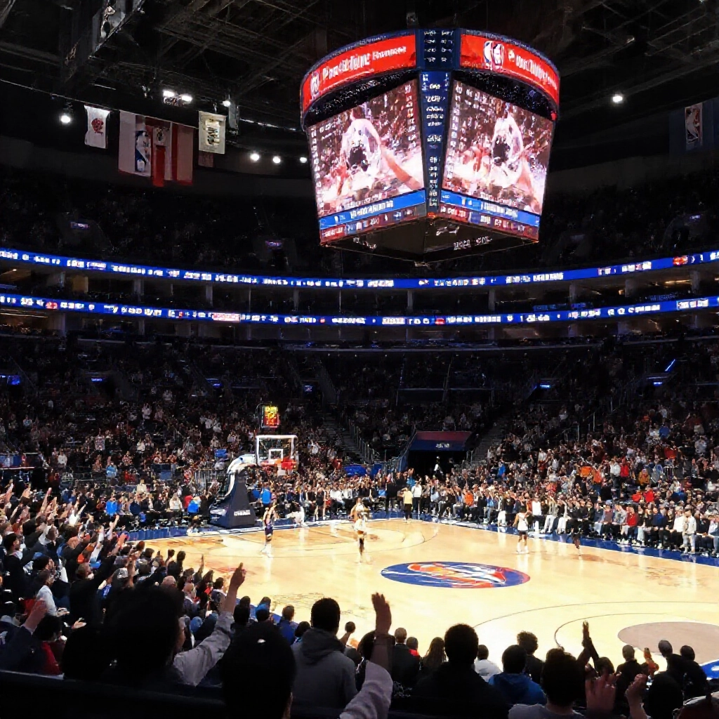 熱鬧的NBA球場,球迷歡呼、球員激戰,計分板上閃耀著讓分投注線