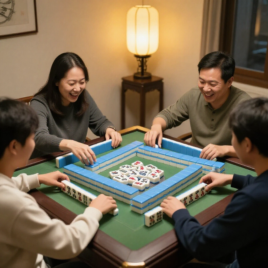 熱鬧的台灣家裡麻將桌,四位玩家興奮湊順子、刻子跟對子,正伸手抓贏家胡牌,在柔和燈籠光下玩得起勁