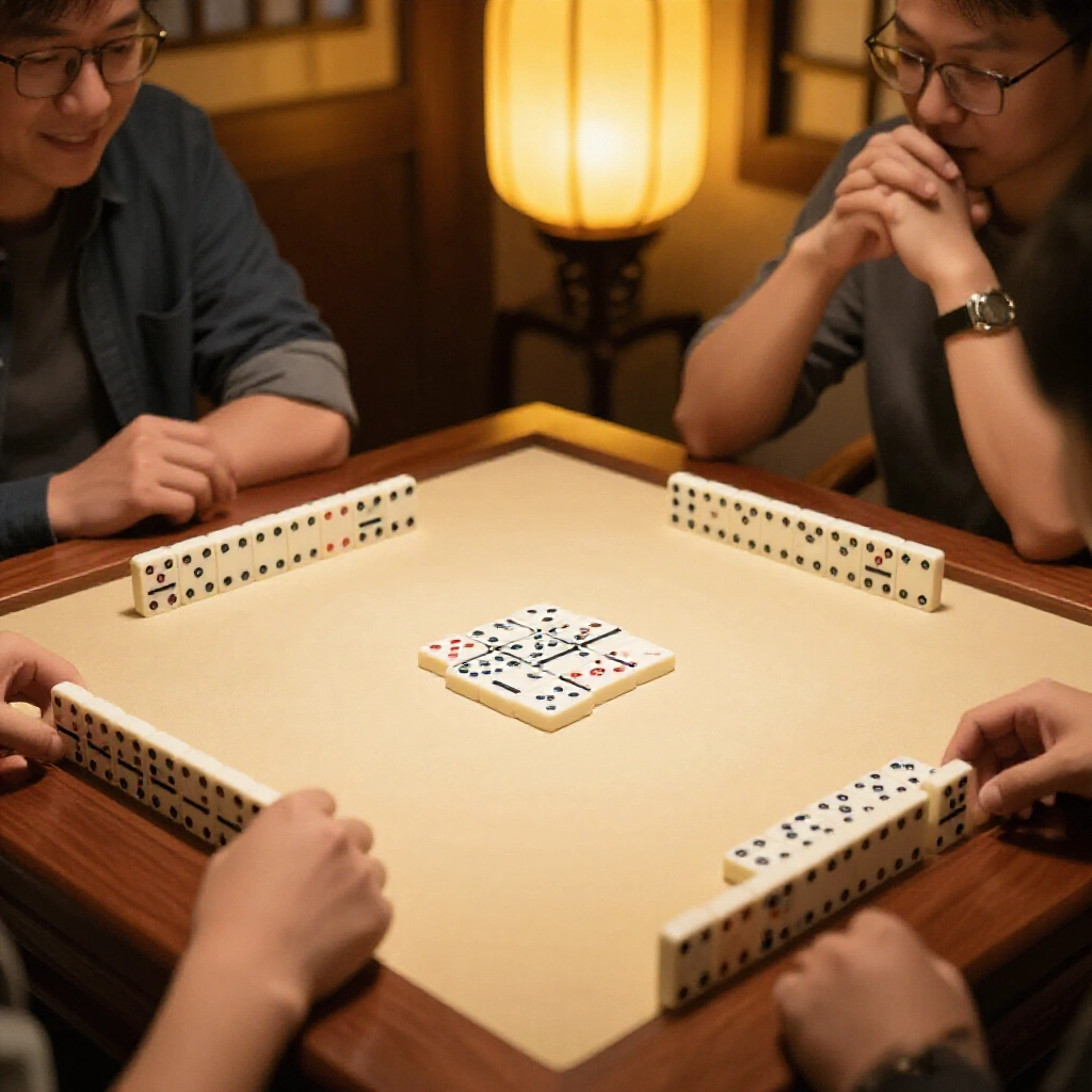 傳統台灣骨牌遊戲桌,32張紅黑點數牌排成文子武子,溫馨茶室燈光下玩家興奮湊近