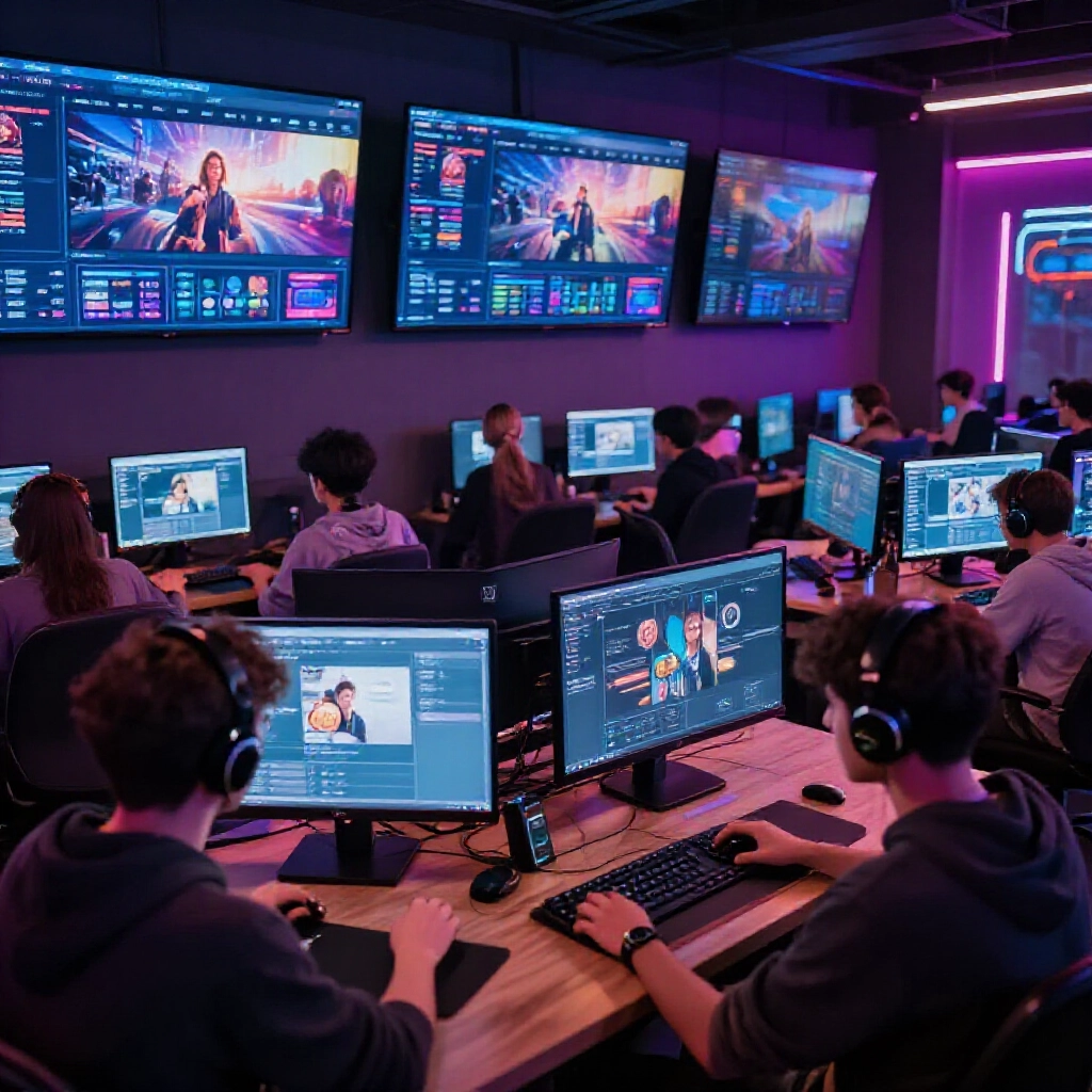 group of diverse young players trading virtual items on 8591 platform interface displayed on multiple screens in energetic cyber cafe atmosphere with neon glows