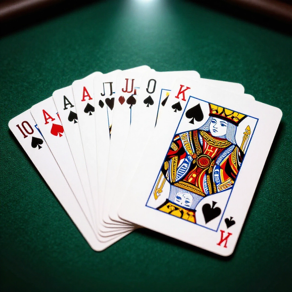 Glowing display of the ultimate big two straight ten jack queen king ace all in spades suit fanned out on green felt table dramatic spotlight effect luxurious casino vibe symbolizing unbeatable power