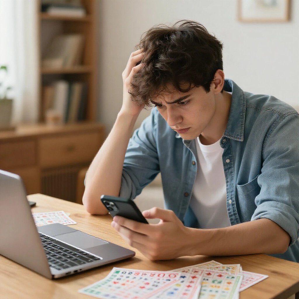 A confused young player scratching head while checking phone for bingo one star prize money and three star two hits rules in a cozy home office with lottery tickets scattered around