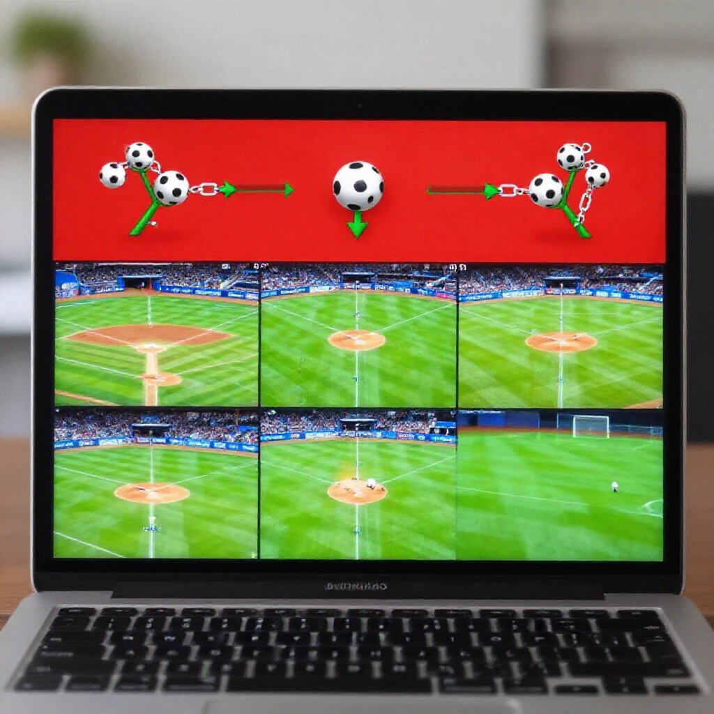 Laptop screen split view contrasting red failing all-in parlay chain with green surviving combo branches across three baseball and soccer matches in analysts focused workspace