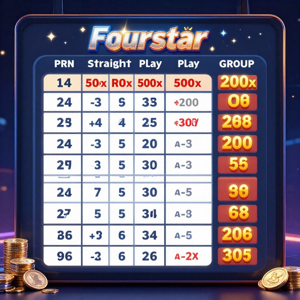 Clean prize allocation table for fourstar lottery showing straight play 5000x multiplier and group plays like 24 way 200x with winning tickets and coins beside modern digital display