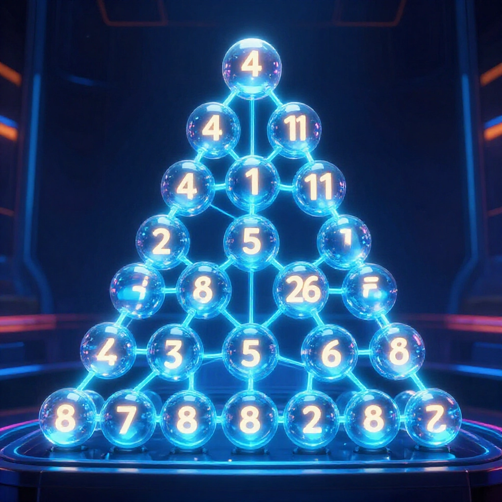 Pyramid stack of glowing orbs representing parlay combos from 2串1 to 8串1 connections lighting up numbers like 4串11 5串26 8串247 in futuristic blue toned betting interface