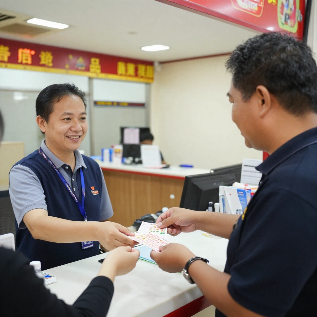 顧客在台灣運彩投注站櫃檯遞彩票給店員兌小獎,燈光明亮氣氛輕鬆