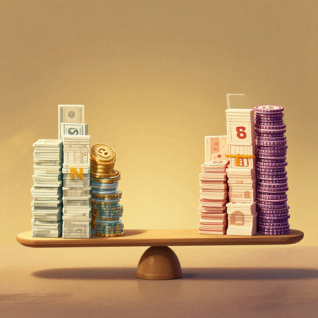 Illustration of fixed prize money stacks unchanging regardless of winners contrasted with growing jackpot piles for other lotteries on balanced scale soft golden lighting stable mood