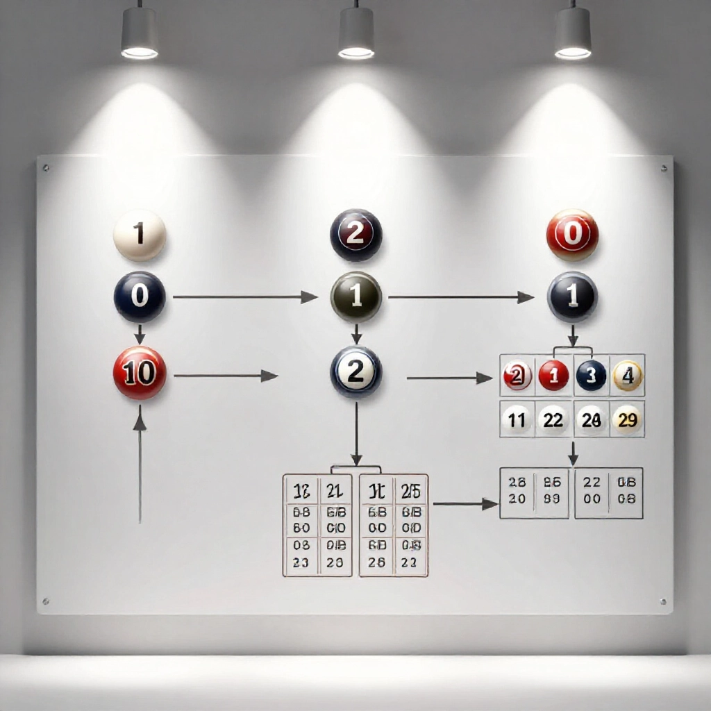 step by step visualization of three calculation phases first ascending sort of lotto balls second extracting single digits from numbers like 10 to 0 and 21 to 1 third pairing digits into four two digit tai hao codes on minimalist flowchart board under bright spotlights
