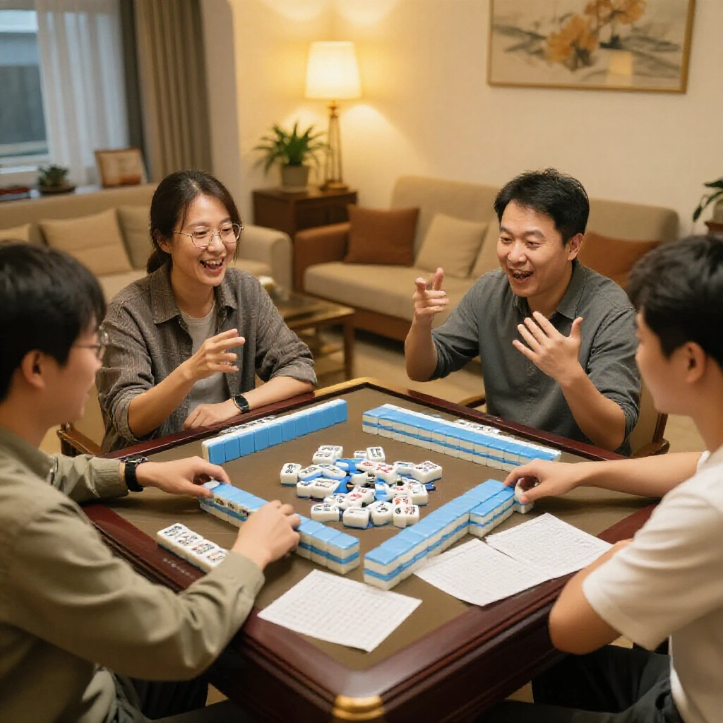 four enthusiastic players around a traditional Taiwanese mahjong table with scattered tiles and score sheets in a warmly lit living room explaining basic scoring concepts with joyful gestures