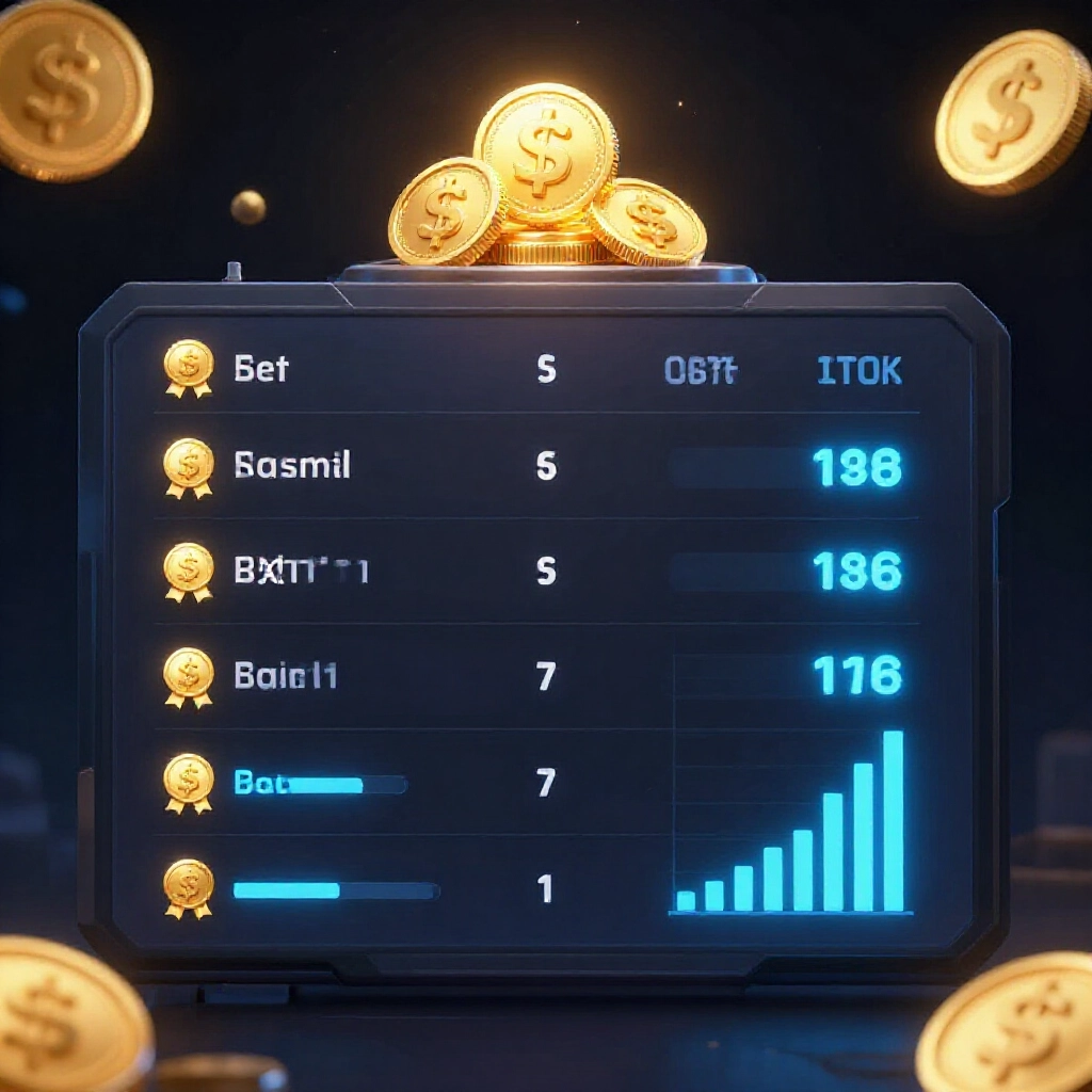 現代感十足的比較表格,黑暗科技背景,發光金幣代表體驗金,藍色霓虹圖表顯示流水倍數