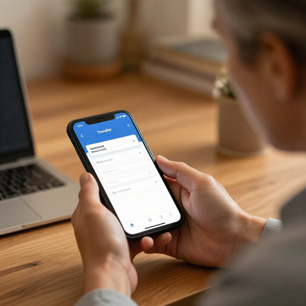 中年謹慎用戶在家書桌使用手機銀行App,螢幕顯示轉帳表單包含銀行代碼與帳號欄位,溫暖室內光線,專業信賴氛圍