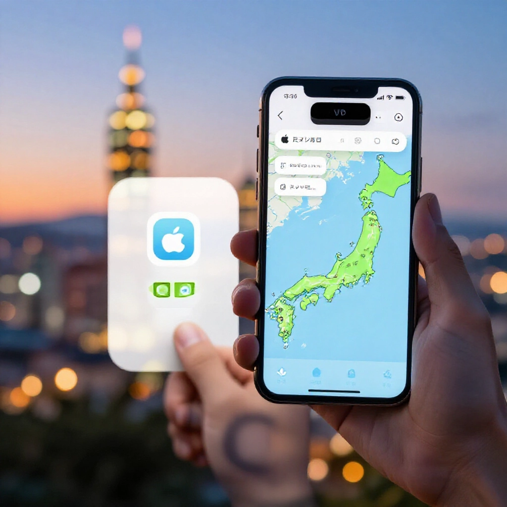 台灣手持手機切換日本 Apple ID 並下載九州 App，VPN 覆蓋與台灣日本地圖，柔和晚間光芒冒險科技氛圍