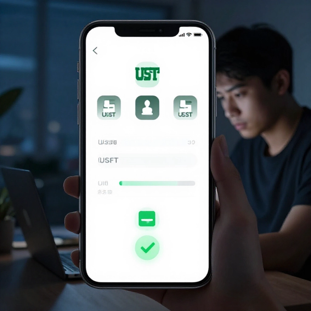 手機 App 螢幕顯示提款進度條、USDT 圖示、倒數計時器與綠色成功勾選，在昏暗的晚間環境中專注玩家的畫面