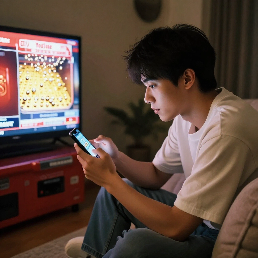 年輕台灣男子夜間坐沙發,手持手機觀看YouTube今彩539開獎直播,落球瞬間亮起螢幕照亮專注臉龐,房內電視調至財經新聞台,紅金色調充滿活力