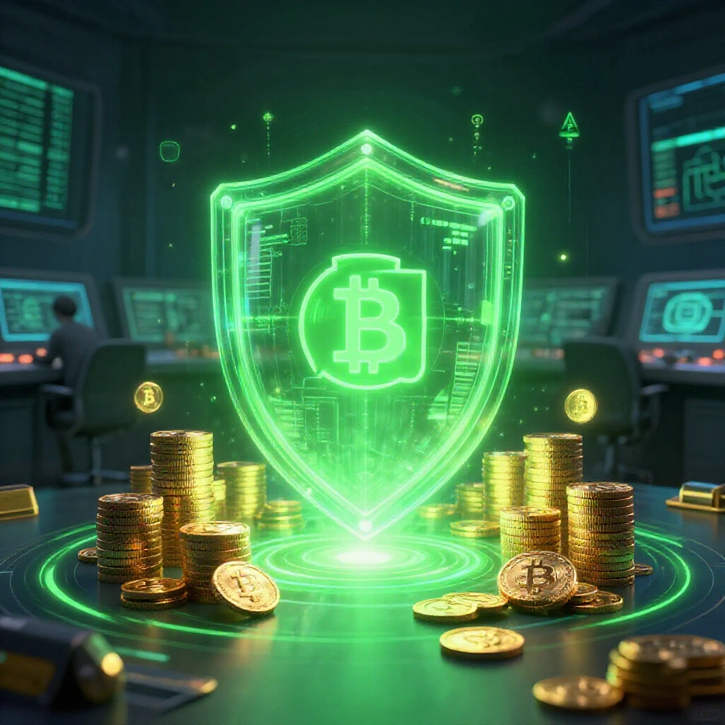數位防護堡壘散發綠色保護光芒，包圍金幣堆疊、銀行卡與加密貨幣圖示，抵禦黑暗網路威脅，高科技安全控制室環境