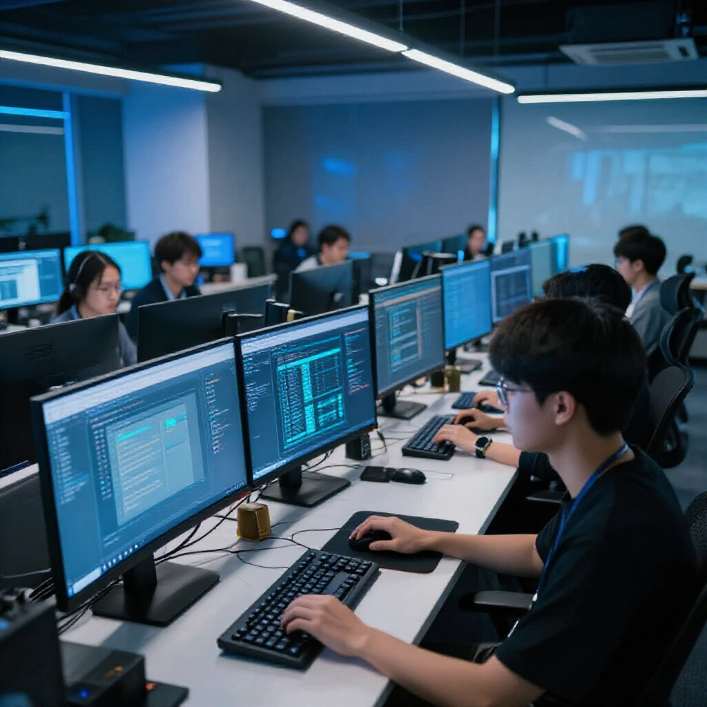 台灣高科技辦公室熱鬧非凡,開發者盯著電腦螢幕顯示軟體後端、前端與支付流程,年輕專業人士在藍色霓虹燈下合作,傳達遊戲產業動感能量