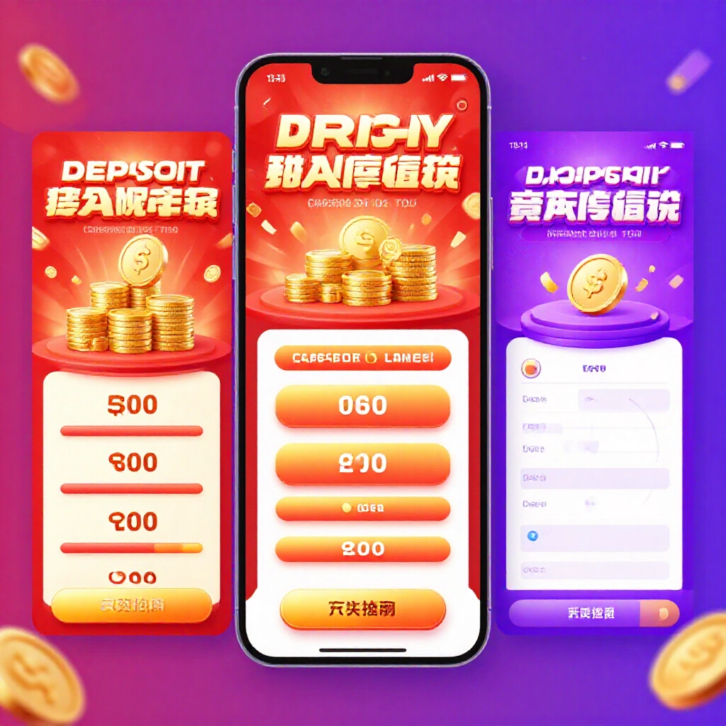 活力促銷橫幅展示存款紅利、現金回饋率與VIP階梯,在流暢手機App介面上升金幣堆疊,紅金紫色調充滿能量