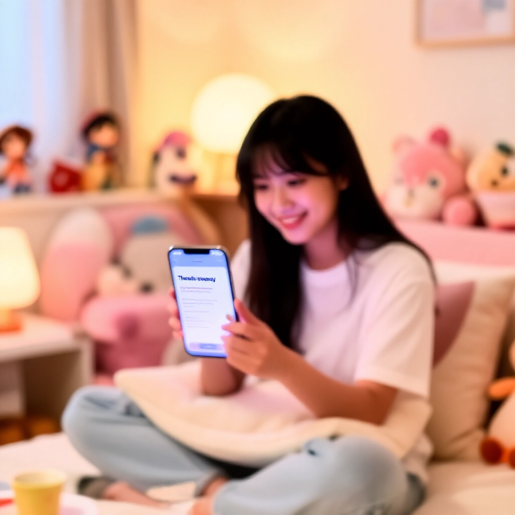 溫馨台灣臥室,年輕收藏家微笑盯著顯示 Threads 贈送貼文的智慧型手機螢幕,周圍滿是動漫公仔和棉花娃娃,暖色調燈光
