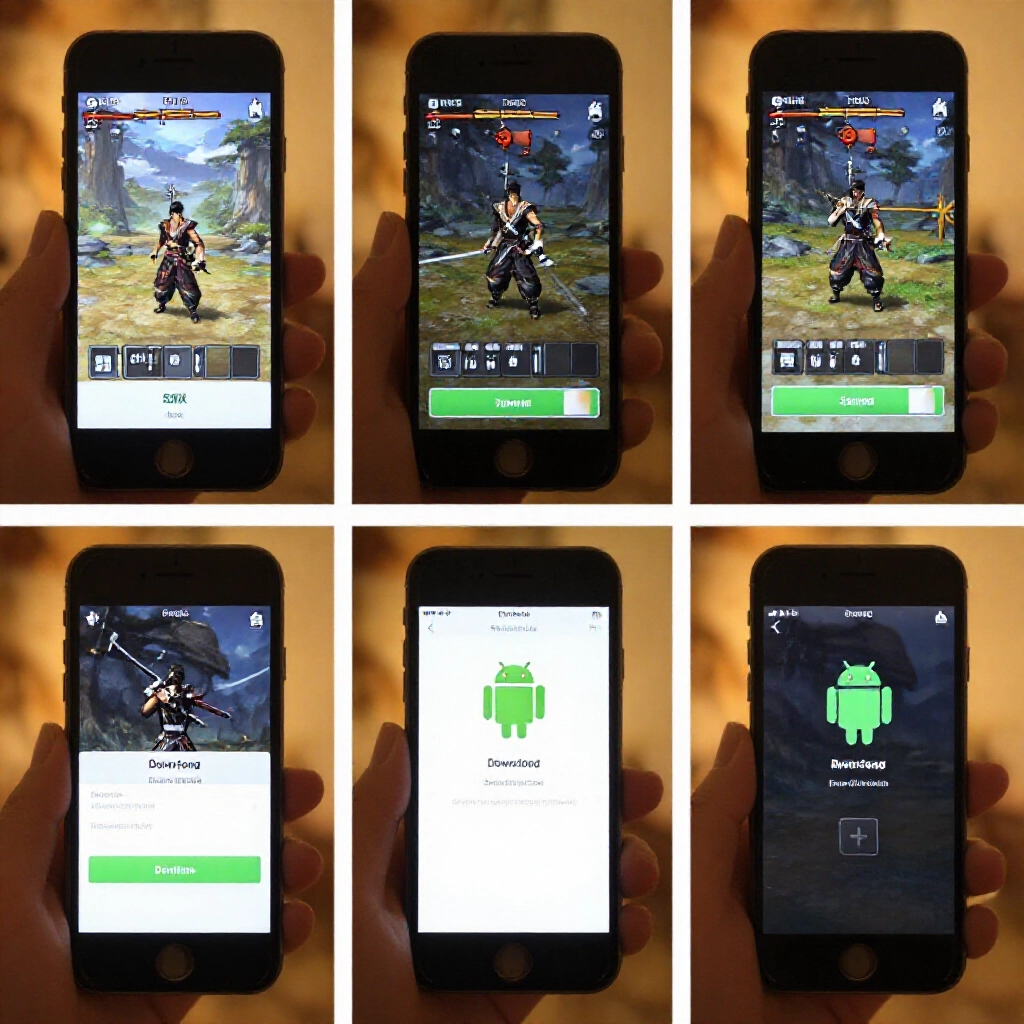 劍吟九州遊戲在 iPhone 與 Android 手機的逐步安裝截圖，顯示下載進度及安全驗證檢查，溫暖室內燈光專注細節
