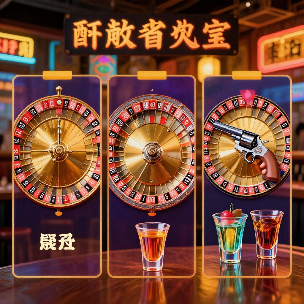 三種輪盤變體資訊圖：左輪彈巢、賭場輪盤與彩色罰酒杯，在溫暖台灣酒吧霓虹燈光下