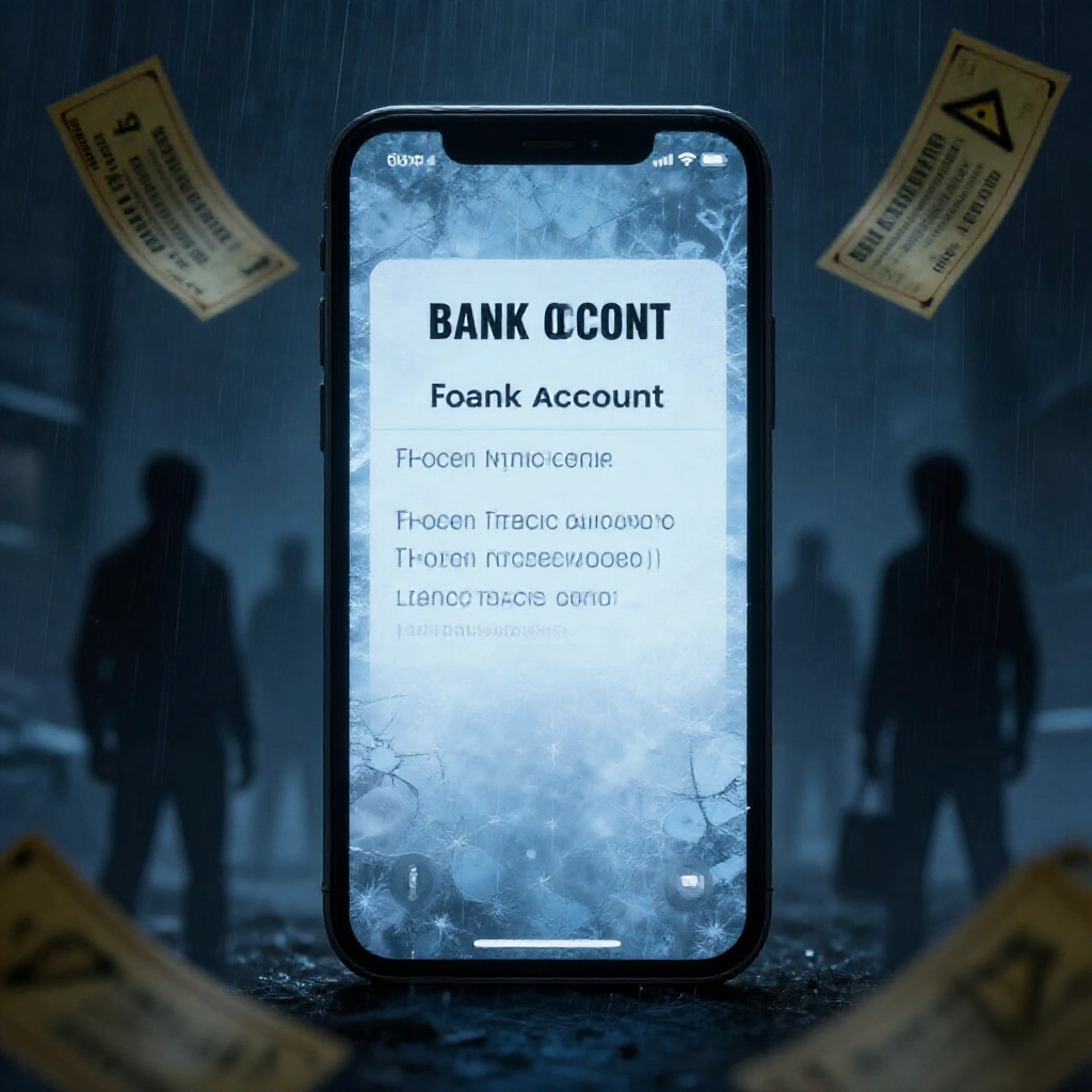陰森黑暗手機螢幕顯示凍結銀行帳戶通知，陰影身影象徵法律風險與傳票警告，在藍調風暴氛圍中浮現恐懼與警惕