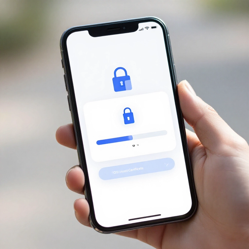 手中握持的智慧型手機顯示 App 下載頁面，包含 iOS 信任憑證提示、乾淨現代設計、進度條與安全性圖示，在明亮日光下