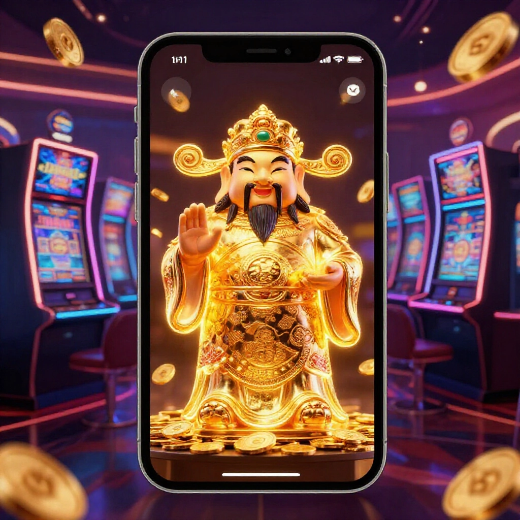 充滿活力的金色財神神像在霓虹燈光賭場中發光,周圍環繞老虎機與灑落幸運金幣,呈現豪華深色調的行動應用程式介面