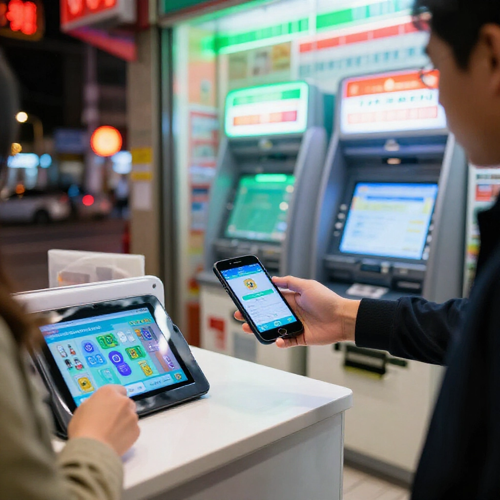 台灣夜晚便利商店櫃檯,顧客持手機條碼付款,旁邊ATM機與平板加密錢包App,鮮豔綠紅燈光,活力安全氛圍