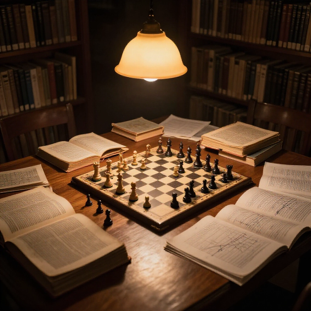 台灣圖書館燈光昏暗,古籍散落木桌,棋子策略擺放,機率圖表陰影幢幢,喚起學術好奇與智慧深度