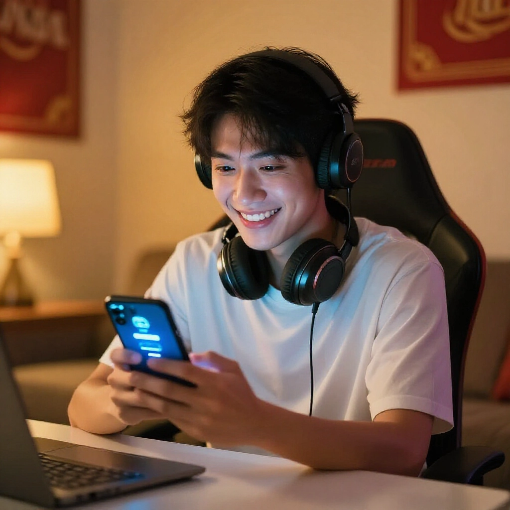 一位現代台灣玩家在溫馨客廳中，對著顯示出金成功的發光智慧型手機螢幕微笑，周圍環境有溫暖燈光與細微紅金色娛樂城圖案