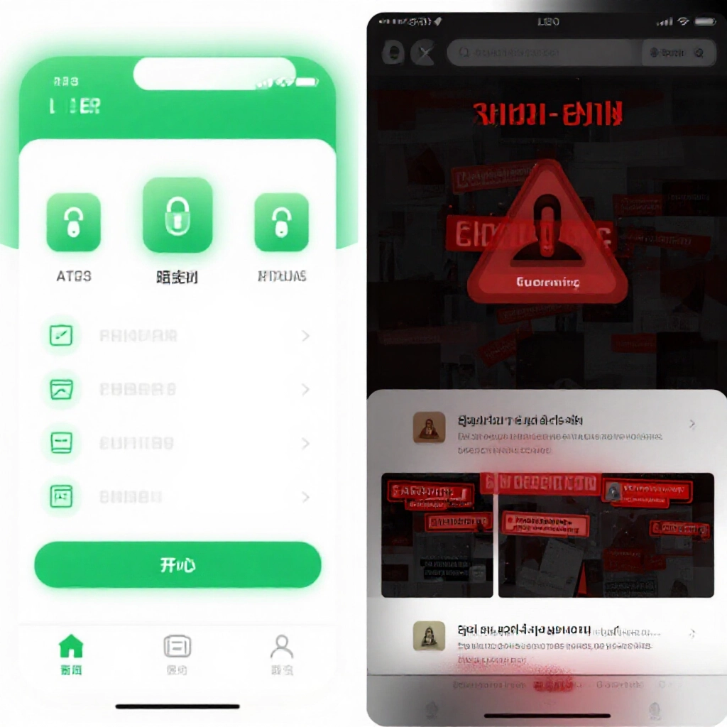 正版 LEO App 頁面與詐騙網站並排比較,乾淨專業版面綠色安全標章對比雜亂紅色警告,陰影氛圍對比明亮信任元素