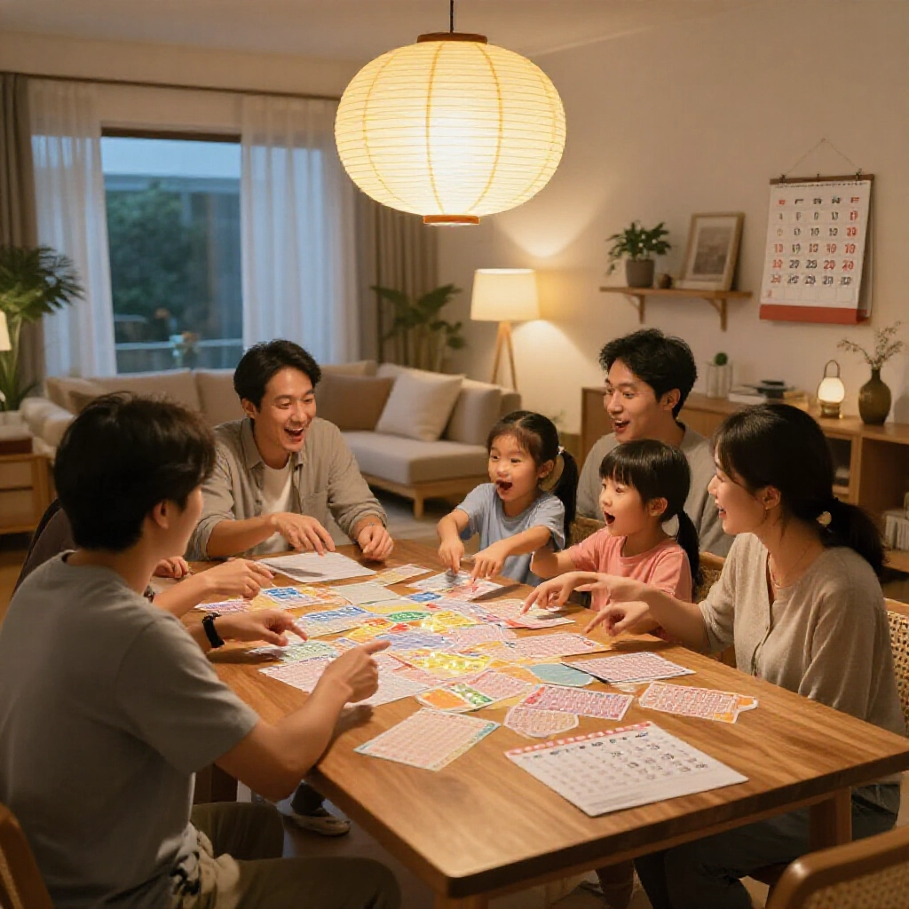 溫暖晚間燈光充滿現代台灣客廳,家人圍繞木桌,桌上滿是彩色彩券與標註週一至週六的日曆,大家興奮指向發光的539符號,吊燈散發柔和光芒