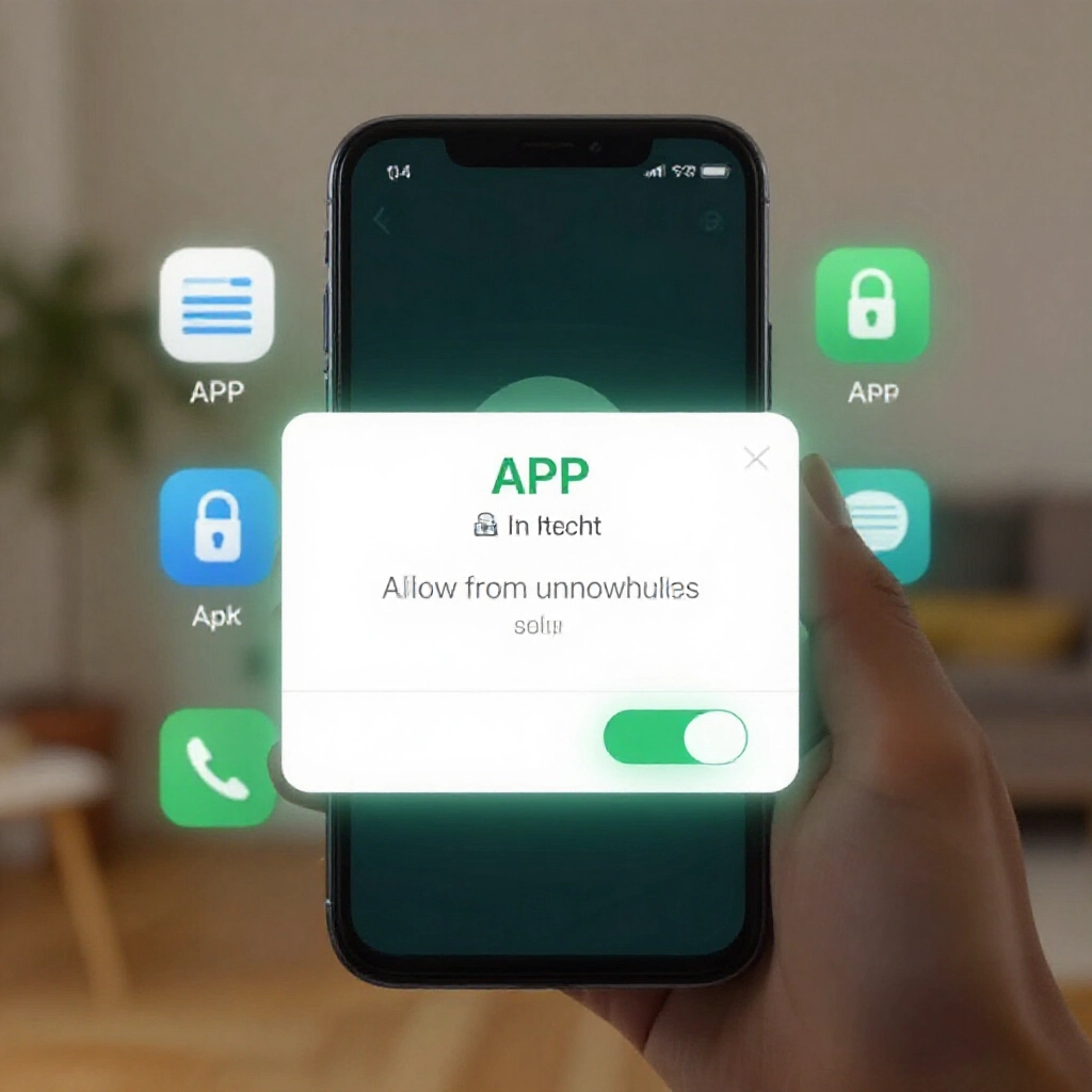 Android手機介面顯示APK安裝警告彈出視窗，允許未知來源開關已啟用，安全應用圖示與綠色安全光芒，室內溫馨環境