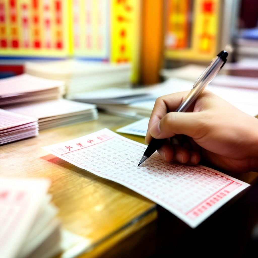 特寫手持筆在傳統台灣彩券投注單上標記號碼,擁擠的投注站木櫃檯堆滿彩票,牆上張貼鮮豔海報